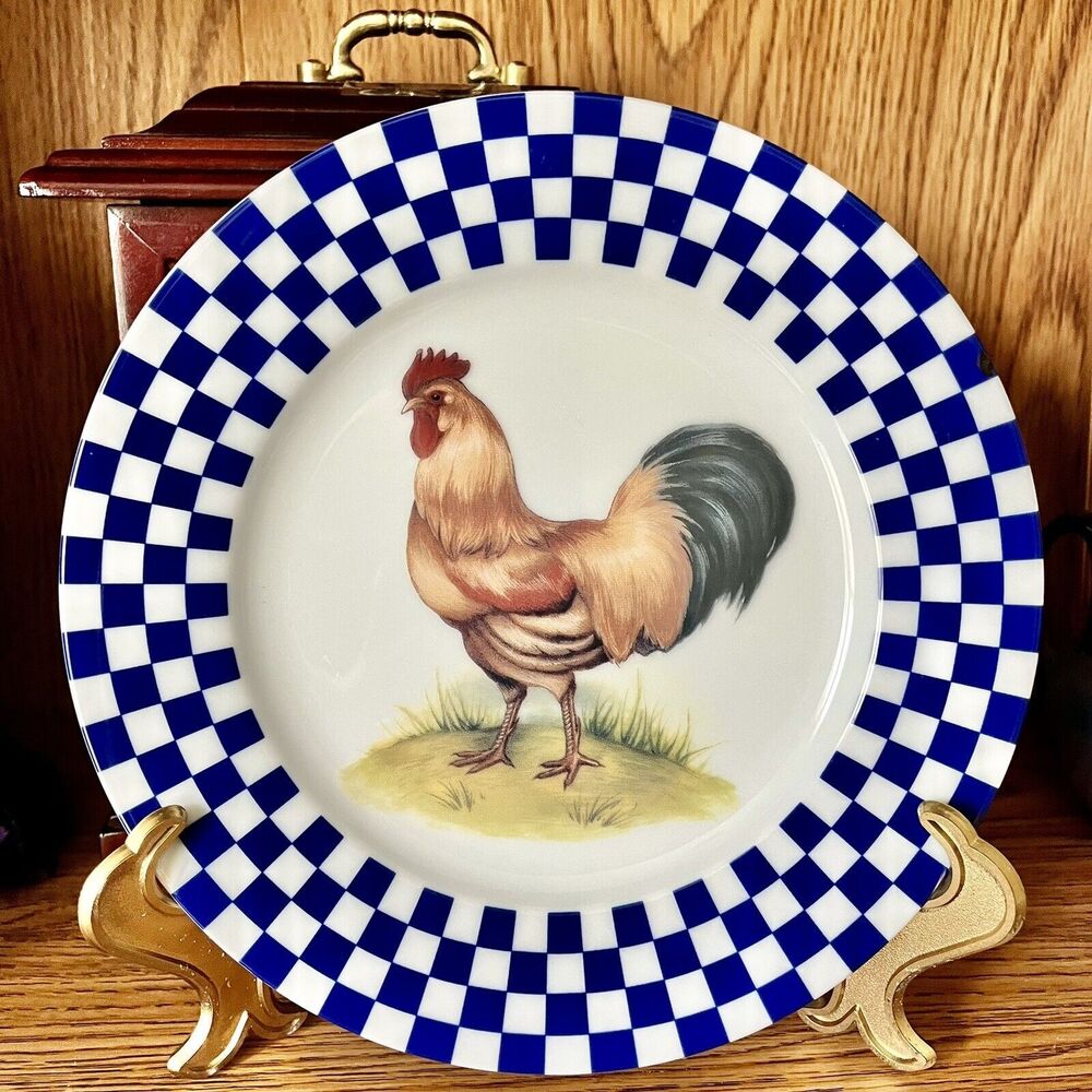 Williams Sonoma Rooster Plate Japan Blue White Checkered Rim 8.25”